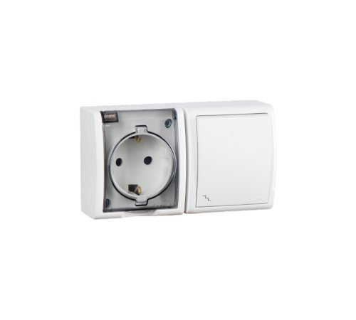 Блок IP54. Розетка с крышкой и заземлением Schuko 2Р+Е 16A + Переключатель (проходной) 10AX 250В белого цвета S15 Aqua  1594516-030  Simon