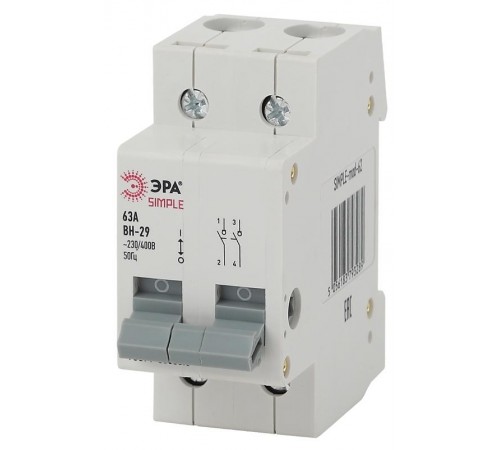 Выключатель нагрузки модульный (мини-рубильник) ВН-29 2P 63А SIMPLE-mod-62 ЭРА SIMPLE  Б0039252  ЭРА