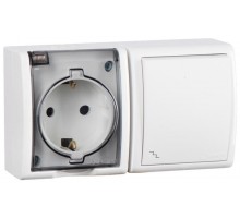 Блок IP54. Розетка с крышкой и заземлением Schuko 2Р+Е 16A + Переключатель (проходной) 10AX 250В белого цвета S15 Aqua  1594516-030  Simon