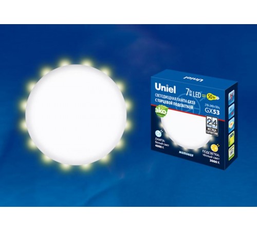 Лампа светодиодная LED-GX53-7W/4000K+3000K/GX53/FR PLB02WH LED, матовая. 4000K Торцевая подсветка, 3000K  UL-00006496  Uniel