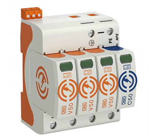 Устройства защиты от импульсных перенапряжений УЗИП для силовых цепей 3+NPE (Класс I+II), 285В (V50-3+NPE+FS-385)  5093592  OBO Bettermann