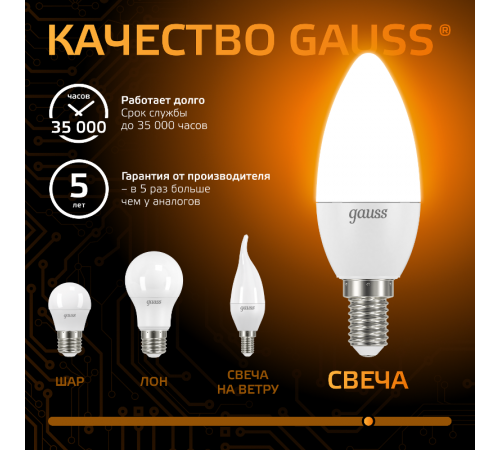 Лампа светодиодная LED 6,5Вт E14 220В 2700К свеча  103101107  Gauss