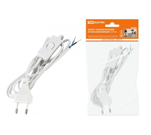 Шнур с выключателем и плоской вилкой ШУ01В ШВВП 2х0,75мм2 2м. белый   SQ1305-0001  TDM
