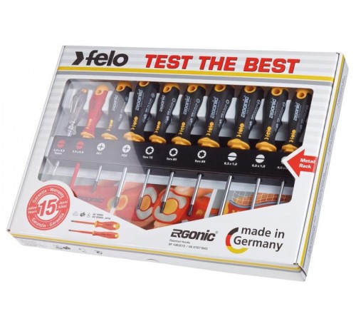 Набор отверток SL/PZ/Tx Ergonic, отвертка VDE и отвертка тестер-сети на стальной стойке, 10 шт  40091043  Felo