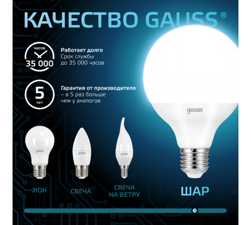 Лампа светодиодная Black LED G95 E27 16W 1400lm 4100K  105102216  Gauss