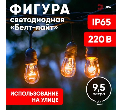 Гирлянда нить Филамент 2, ERABL-FIL2 9,5 м, длина провода 60 см, 20 LED, теплый белый, E27, каучук, 220В, IP44  Б0056018  ЭРА