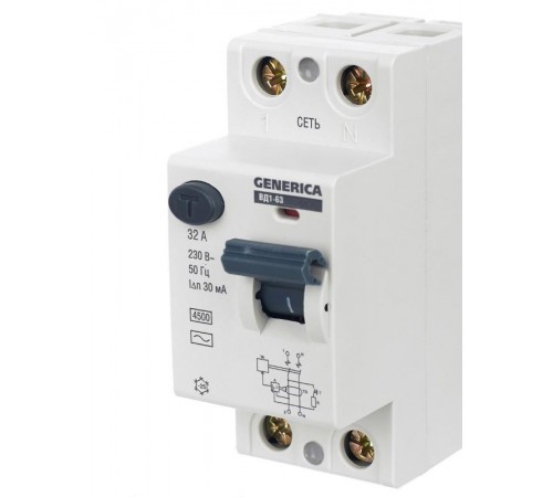 Выключатель дифференциальный (УЗО) ВД1-63 2п 32А 30мА тип AC  MDV15-2-032-030  GENERICA