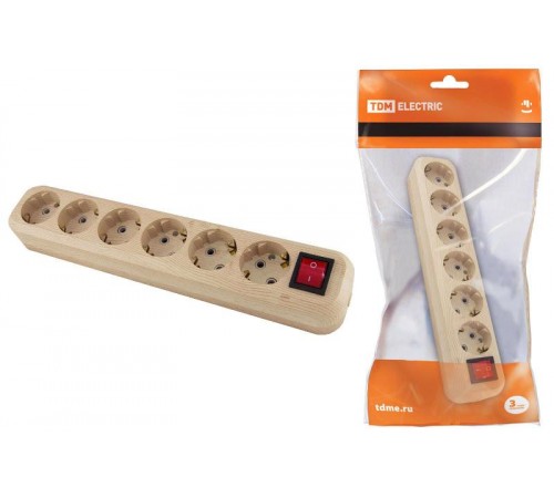 Колодка розеточная 6 гнезд 2П+3 с выключателем16А 250В "Эко" (сосна)   SQ1806-0058  TDM