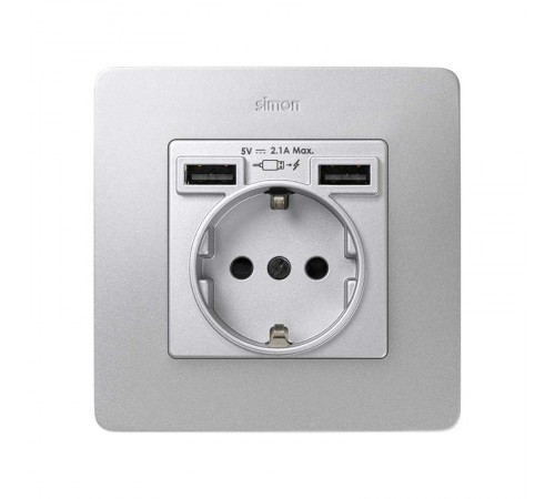 Накладка для розетки Schuko с зарядным устройством 2хUSB цвета холодный алюминий S82 Detail  8200049-093  Simon