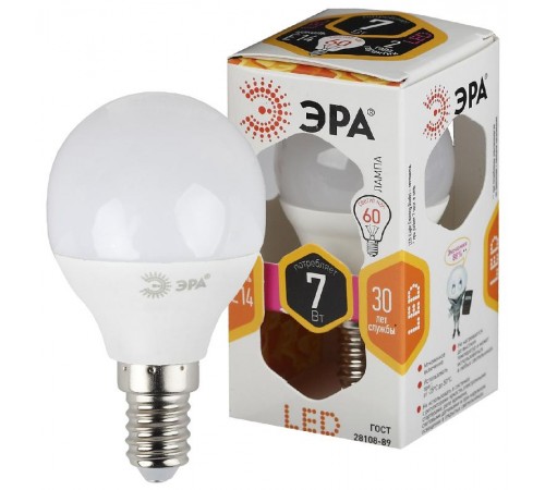 Лампа светодиодная LED 7Вт E14 220В 2700К smd P45 шар  Б0020548  ЭРА