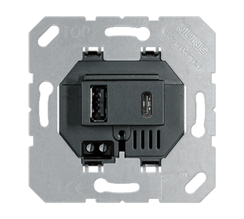 USB-зарядное устройство, USB тип А + USB тип С, выходной ток 3000 mA; черный; универсальные встраиваемые механизмы  USB15CASW  Jung