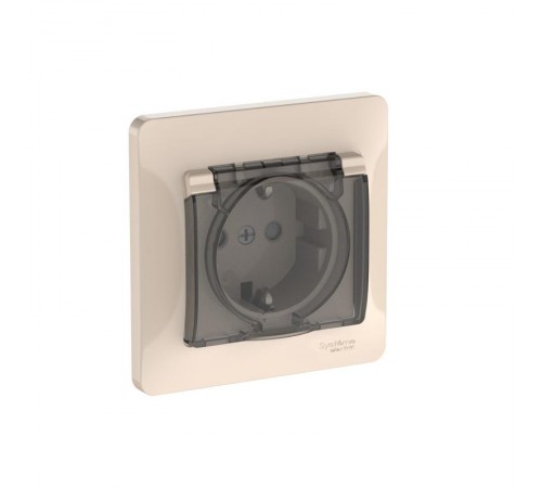 Glossa Бежевый Розетка с заземлением со шторками с крышкой, 16А, IP44, (в сборе с рамкой), быстрозажимные клеммы  GSL000248S  SE