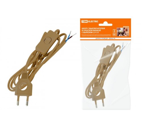 Шнур с выключателем и плоской вилкой с вырезом ШУ03В ШВВП 2х0,75мм2 2 м. бронза  SQ1305-0023  TDM
