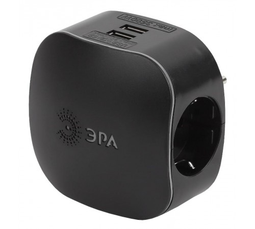 Тройник SP-3e-USB-BLACK 3гн 220V + 2xUSB 2100mA, c заземл, со шт (черный)  Б0046364  ЭРА