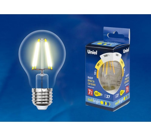 Лампа светодиодная LED-A60-7W/WW/E27/CL/MB GLM10TR LED "груша", прозр Серия Multibright. 3000K 100-50-10 .  UL-00002366  Uniel