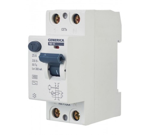 Выключатель дифференциальный (УЗО) ВД1-63 2Р 25А 300мА  MDV15-2-025-300  GENERICA