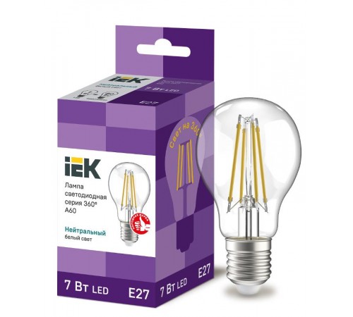 Лампа светодиодная A60 груша прозрачная 7Вт 230В 4000К E27 серия 360°  LLF-A60-7-230-40-E27-CL  IEK