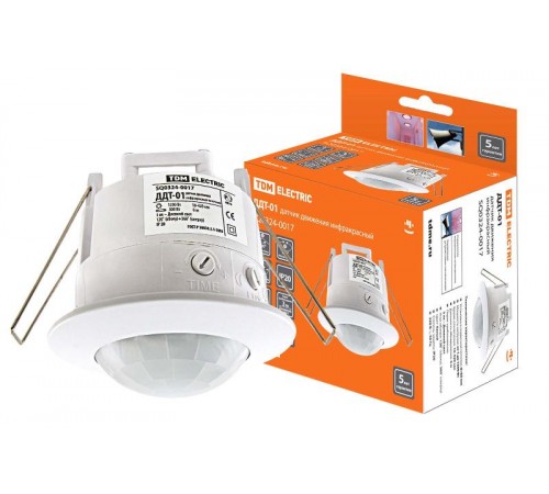 Датчик движения ДДТ-01 1200Вт, 10-420с, 6м, 3+Лк, 120(сбоку)+360(сверху)гр IP20,  SQ0324-0017  TDM