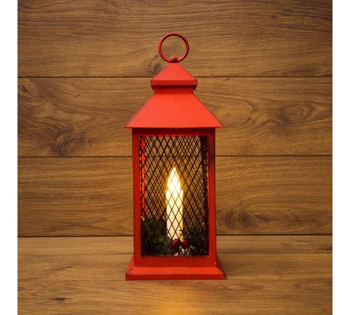Декоративный фонарь со свечкой, красный корпус, размер 13.5х13.5х30,5 см, цвет ТЕПЛЫЙ БЕЛЫЙ  513-041  NEON-NIGHT