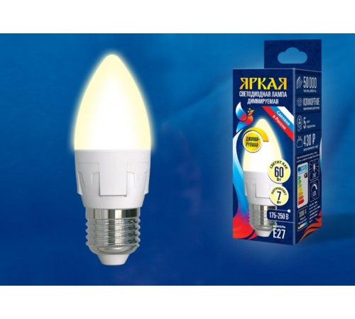 Лампа светодиодная LED-C37 7W/3000K/E27/FR/DIM PLP01WH LED, димм.. "свеча", мат, серия Яркая, пр-во Россия, 3000К .  UL-00004297  Uniel