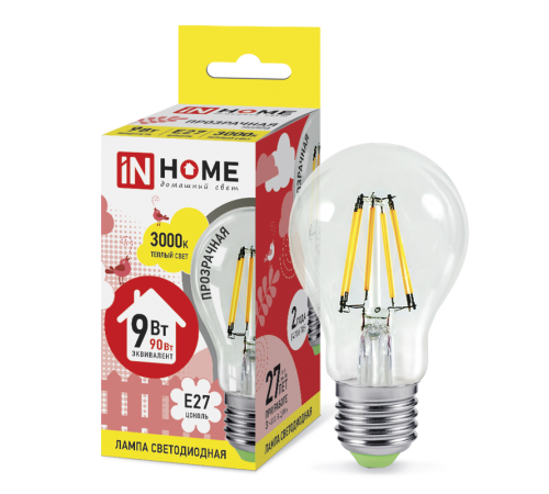 Лампа светодиодная LED-A60-deco 9Вт 230В Е27 3000К 810Лм прозр  4690612008066  IN HOME
