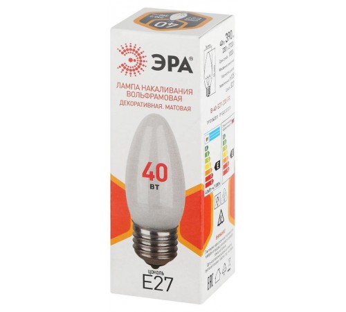 Лампа накаливания  B36 40Вт Е27 / E27 230В  свечка матовая  Б0066400  ЭРА