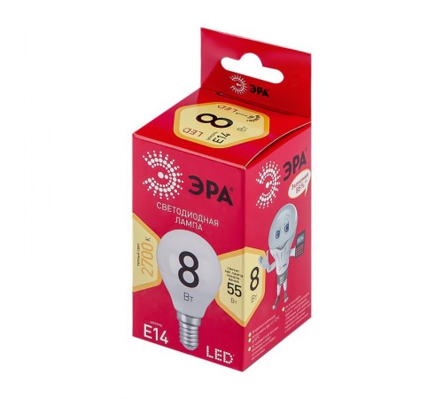 Лампа светодиодная RED LINE LED P45-8W-827-E14 R Е14 / E14 8 Вт шар теплый белый свет  Б0050697  ЭРА