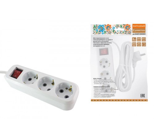 Удлинитель народный УН03В выключатель, 3 гнезда, 1,5метра, с/з, ПВС 3х0,75мм2  10А/250В  SQ1303-1100  TDM