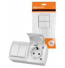 Блок выключатель 2-кл. 10А + розетка 2П+З 16А с защ. штор. с крышкой IP54 белый "Селигер"  SQ1818-0022  TDM