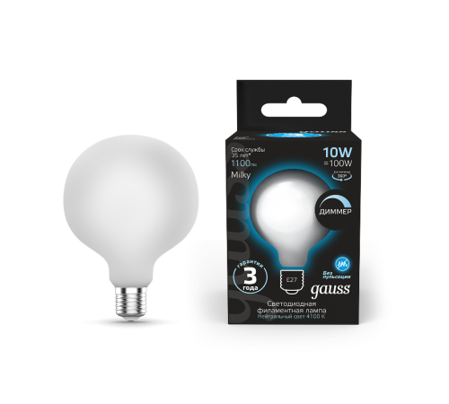 Лампа светодиодная Filament G95 10W 1100lm 4100К Е27 milky диммируемая LED 1/20  189202210-D  Gauss