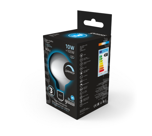 Лампа светодиодная Filament G95 10W 1100lm 4100К Е27 milky диммируемая LED 1/20  189202210-D  Gauss