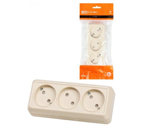 Розетка 3-х местная горизонтальная 2П открытой установки IP20 10A с з/ш сл. кость "Ладога"  SQ1801-0225  TDM