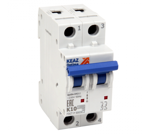 Выключатель автоматический двухполюсный OptiDin BM63-2K13-10-УХЛ3  262653  КЭАЗ