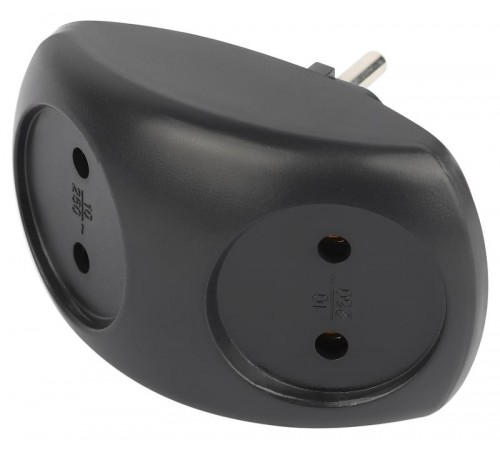 Разветвитель электрический ЭРА SPx-2-B на 2 розетки без заземления 10А черный   Б0059720  ЭРА