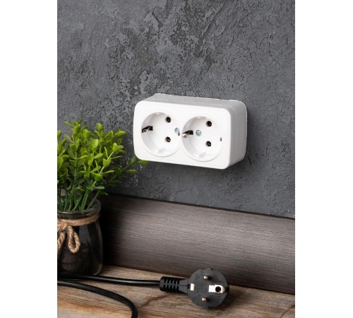 Минск Розетка 2-местная ОП 16А с заземлением белая EKF Basic  EGR16-128-10  EKF