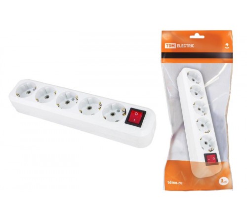 Колодка розеточная 5 гнезд 2П+3 с выключателем16А 250В белая   SQ1806-0037  TDM