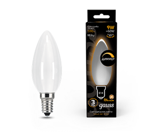 Лампа светодиодная Filament Свеча 9W 590lm 3000К Е14 milky диммируемая LED 1/10/50  103201109-D  Gauss
