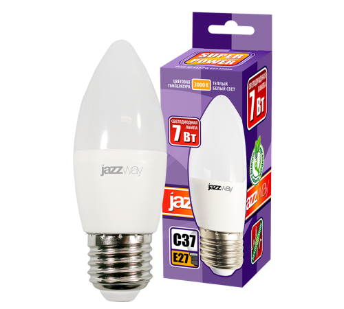 Лампа светодиодная LED 7Вт Е27 220В 3000К PLED- SP C37 свеча  1027825-2  Jazzway