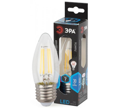 Лампа светодиодная F-LED B35-7W-840-E27 (филамент, свеча, 7Вт, нейтр, E27)  Б0027951  ЭРА