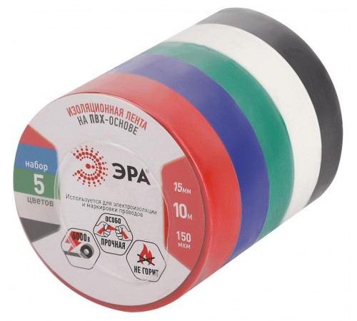 Набор изолент ЭРА SET-5 ПВХ цветная 15мм х 10м (упаковка 5 шт)  Б0062896  ЭРА