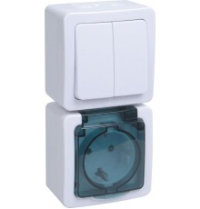 Гермес PLUS белая клав.дымчатая крышка Блок выключатель 2-клавишный и розетка с з/к и крышкой О/У IP54 БВб-22-32-ГПБд EBVMP20-K03-32-54-EC  IEK