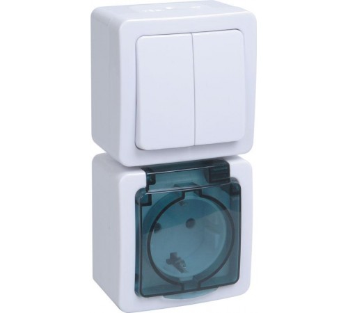 Гермес PLUS белая клав.дымчатая крышка Блок выключатель 2-клавишный и розетка с з/к и крышкой О/У IP54 БВб-22-32-ГПБд EBVMP20-K03-32-54-EC  IEK