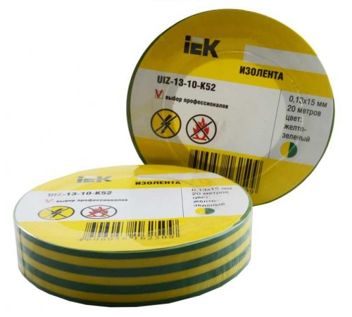 Изолента 0,13х15 мм желто-зеленая 20 метров   UIZ-13-10-K52  IEK