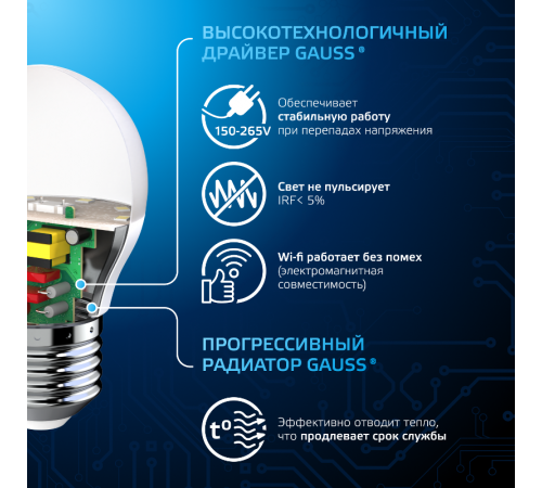 Лампа светодиодная Шар 9.5W 950lm 6500K E27 LED 1/10/100  105102310  Gauss
