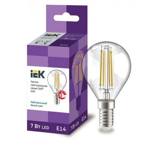 Лампа светодиодная G45 шар прозрачная 7Вт 230В 4000К E14 серия 360°  LLF-G45-7-230-40-E14-CL  IEK