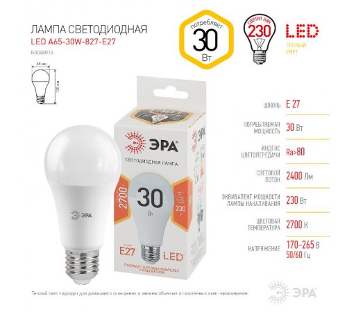 Лампа светодиодная LED A65-30W-827-E27 (диод, груша, 30Вт, тепл, E27) (10/100/1200)  Б0048015  ЭРА