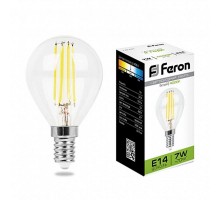 Лампа светодиодная LB-52 (7W) 230V E14 4000K филамент G45 прозрачная  25875  FERON