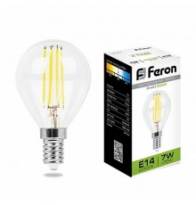 Лампа светодиодная LB-52 (7W) 230V E14 4000K филамент G45 прозрачная  25875  FERON