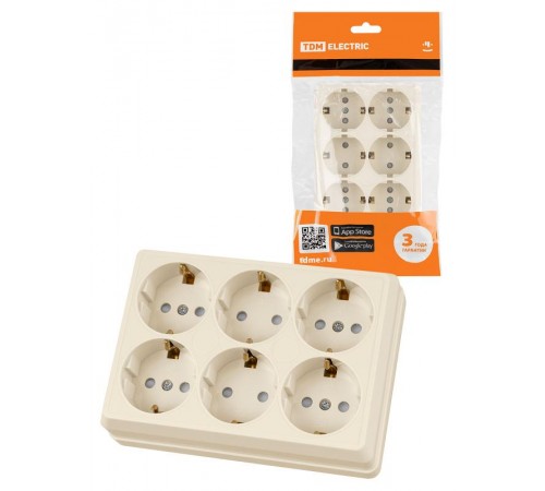 Розетка шестиместная 2П+3 открытой установки IP20 16A с защитными шторками сл.кость "Ладога"  SQ1801-0247  TDM