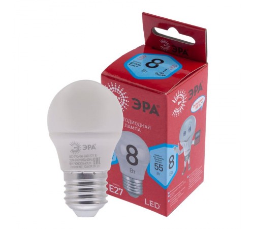 Лампа светодиодная RED LINE LED P45-8W-840-E27 R E27 / Е27 8Вт шар нейтральный белый свет  Б0049645  ЭРА